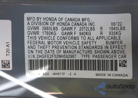 2022 Honda Civic Sport z USA, uszkodzony, nr VIN 2HGFE2F52NH592967